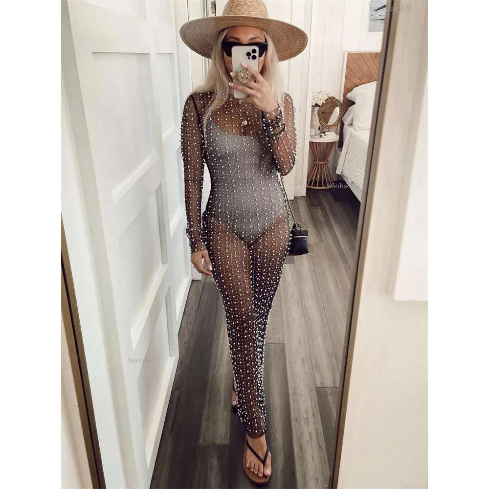 Women's Swimwear Women Bikini Cover Ups Pearl See Through Long Sleeve Dress Party Club Sexy Beach Smock Bathing Suits Coverups 230606