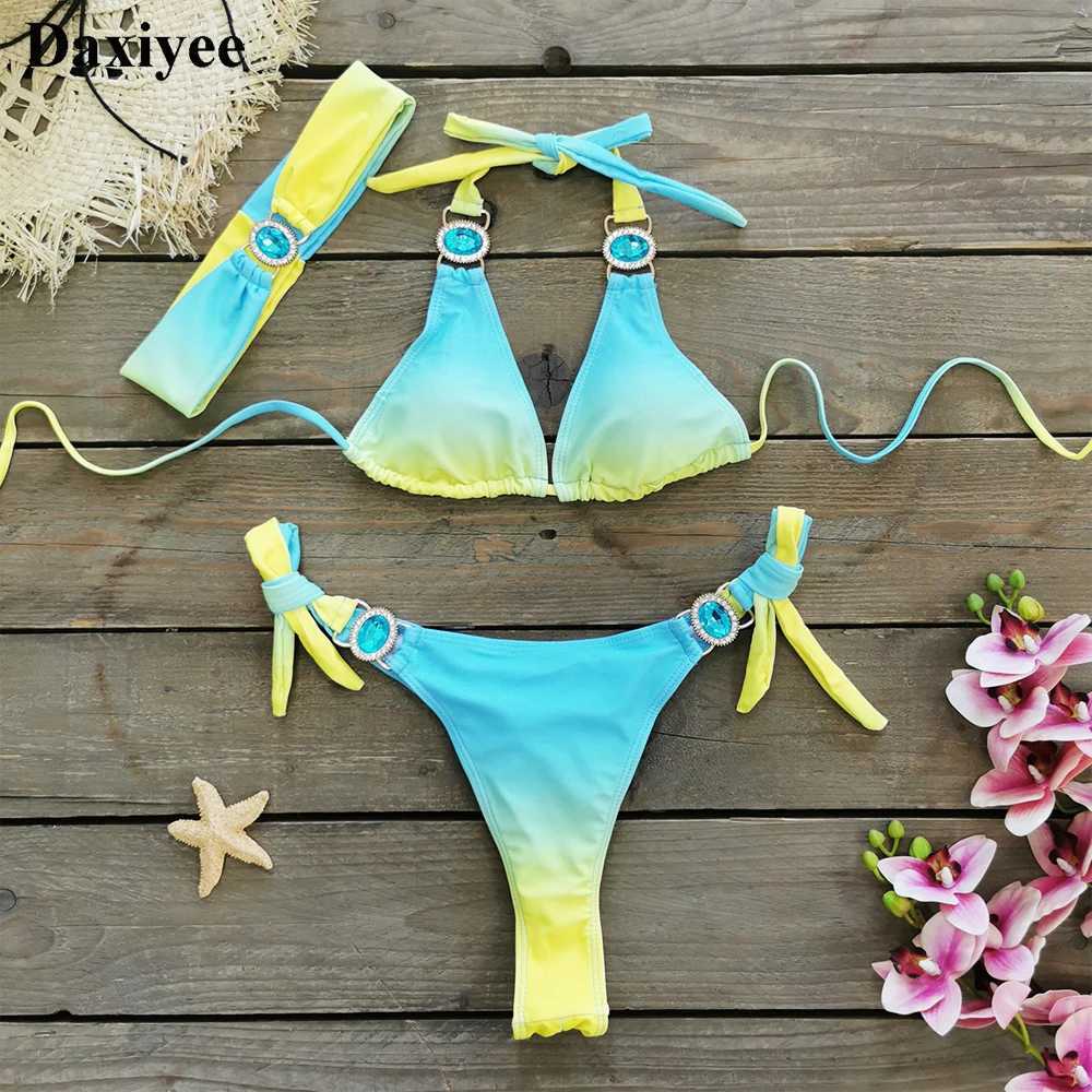 Sexy String Thong Bikinis Set Rhinestones Crystal Patchwork Swimsuit Band 3pcs Women Swimwear Gradient Bathing Suit X250214