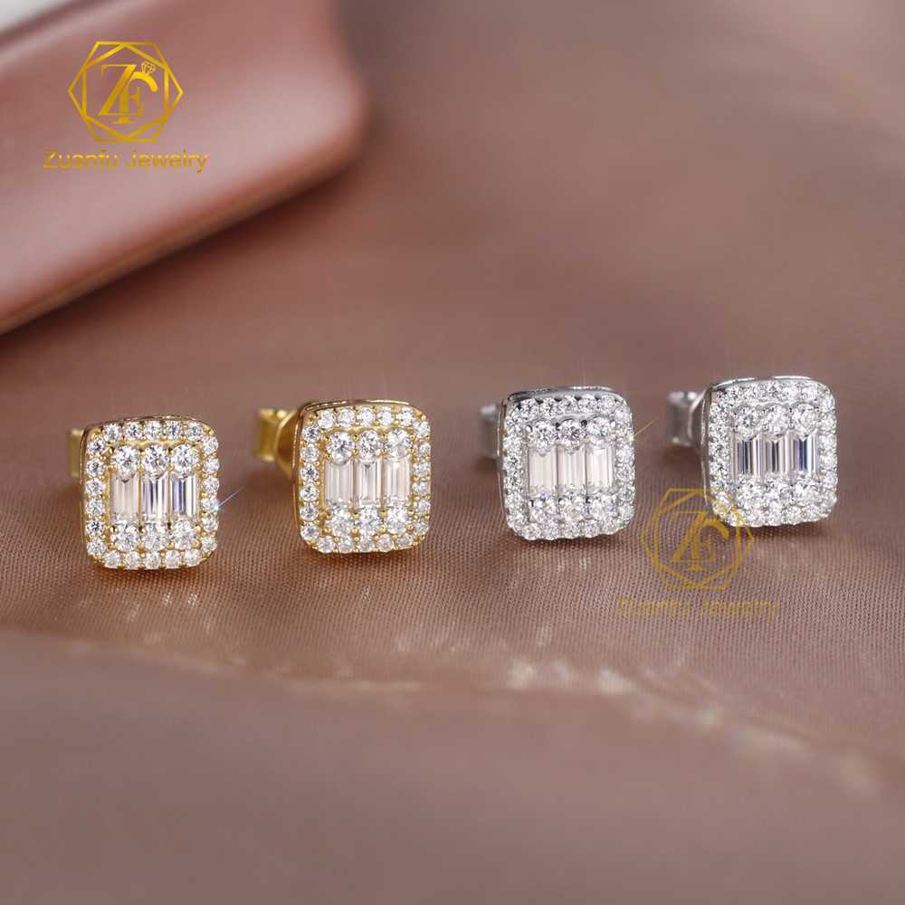 Factory Outlet Unisex Hiphop Stud Earrings 18k Gold Plated 925 Sterling Silver Base Baguette Moissanite Diamond Ear Stud