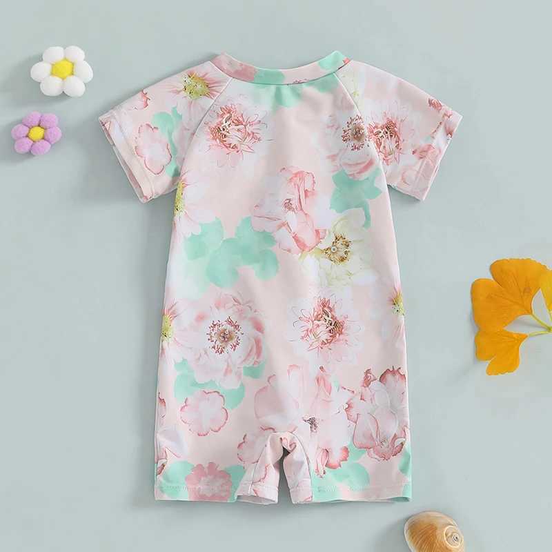 Toddler Girls Rash Guard Swimsuit Playsuits Short Sleeve Zipper Floral Print Baby Bathing Suit SwimwearXJ250214
