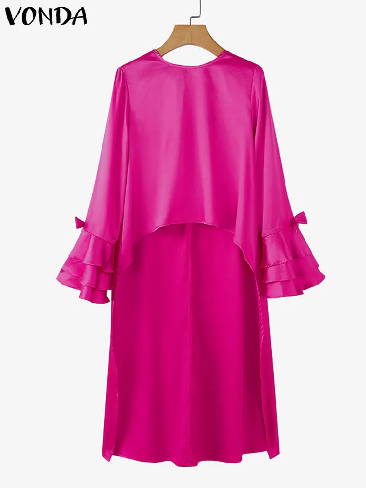 Plus Size VONDA Women Irregular Tops Satin Silk Blouses Casual Tunics Elegant Flare Sleeve Solid Split Layered Blouses 250210