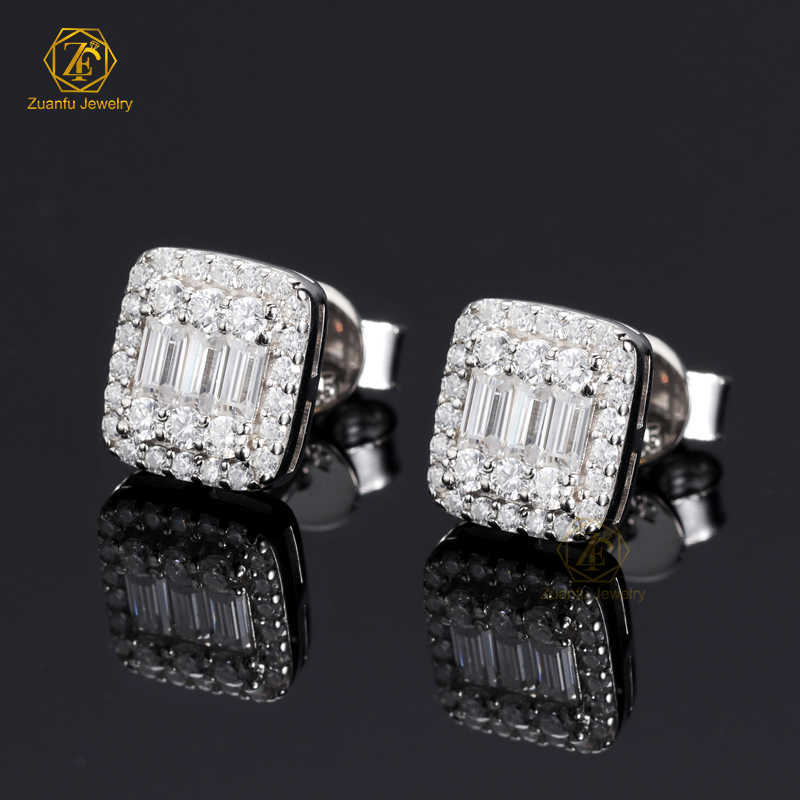 925 Silver Jewelry Mens Iced Out Earrings 14k White Gold Hiphop Screwback Cushion Cluster VVS Moissanite Stud Earrings