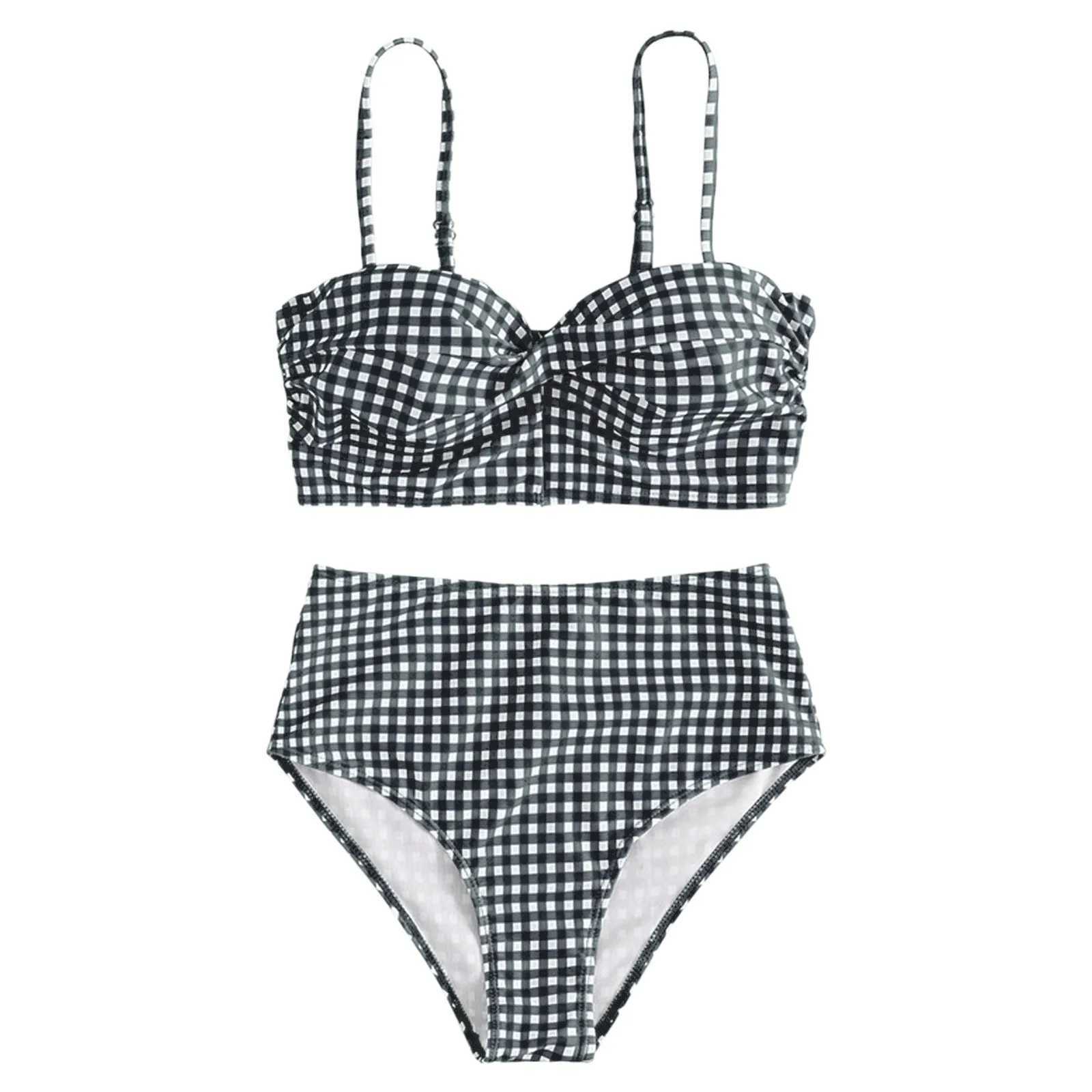 Summer plaid printed bikini set pendant with thin shoulder straps two-piece swimsuit high waisted womens swimsuitW250214