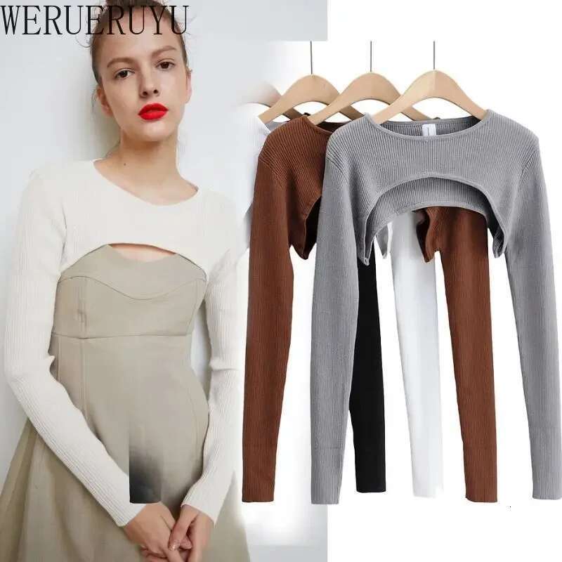 T-Shirts Women Long Sleeve Crop Top Spring Autumn Y2k Aesthetic Clothes O-Neck Black White Sexy Haruku Knitted Tshirt 2023
