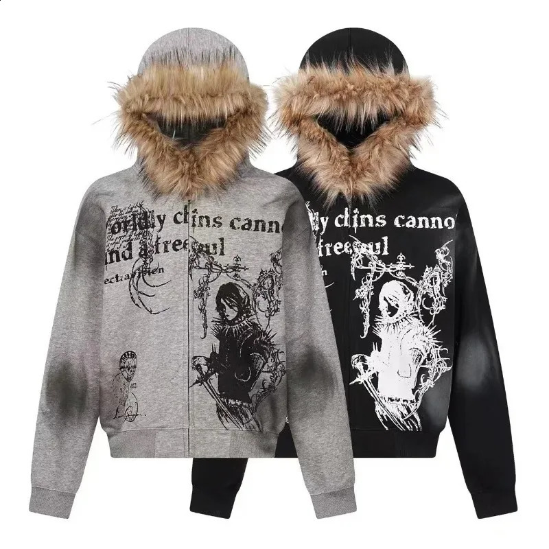 American Cartoon Print Zipper Hoodie Male Y2k Street Fashion Warm Fur Collar Coat Harajuku Punk Loose Sweatshirt 250211