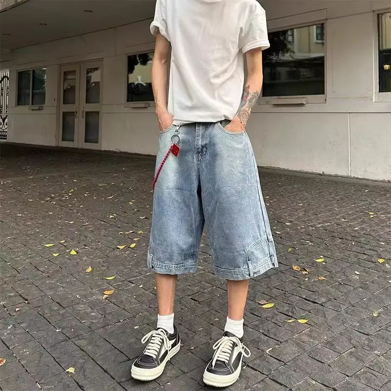 Hip Hop Retro Waist Inverted n Men Denim Shorts Instagram Gothic Street Apparel Loose Straight Leg Pants Sports 250214