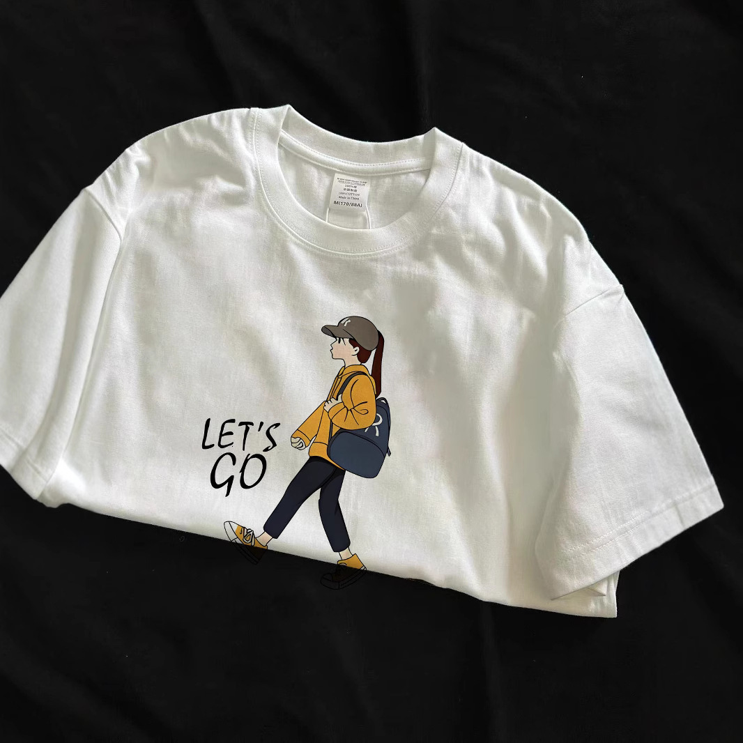 Summer New Short T-shirt Pure Cotton Loose Korean Edition Instagram Women's Versatile Cartoon Print Inner Layup Half sleeved Top