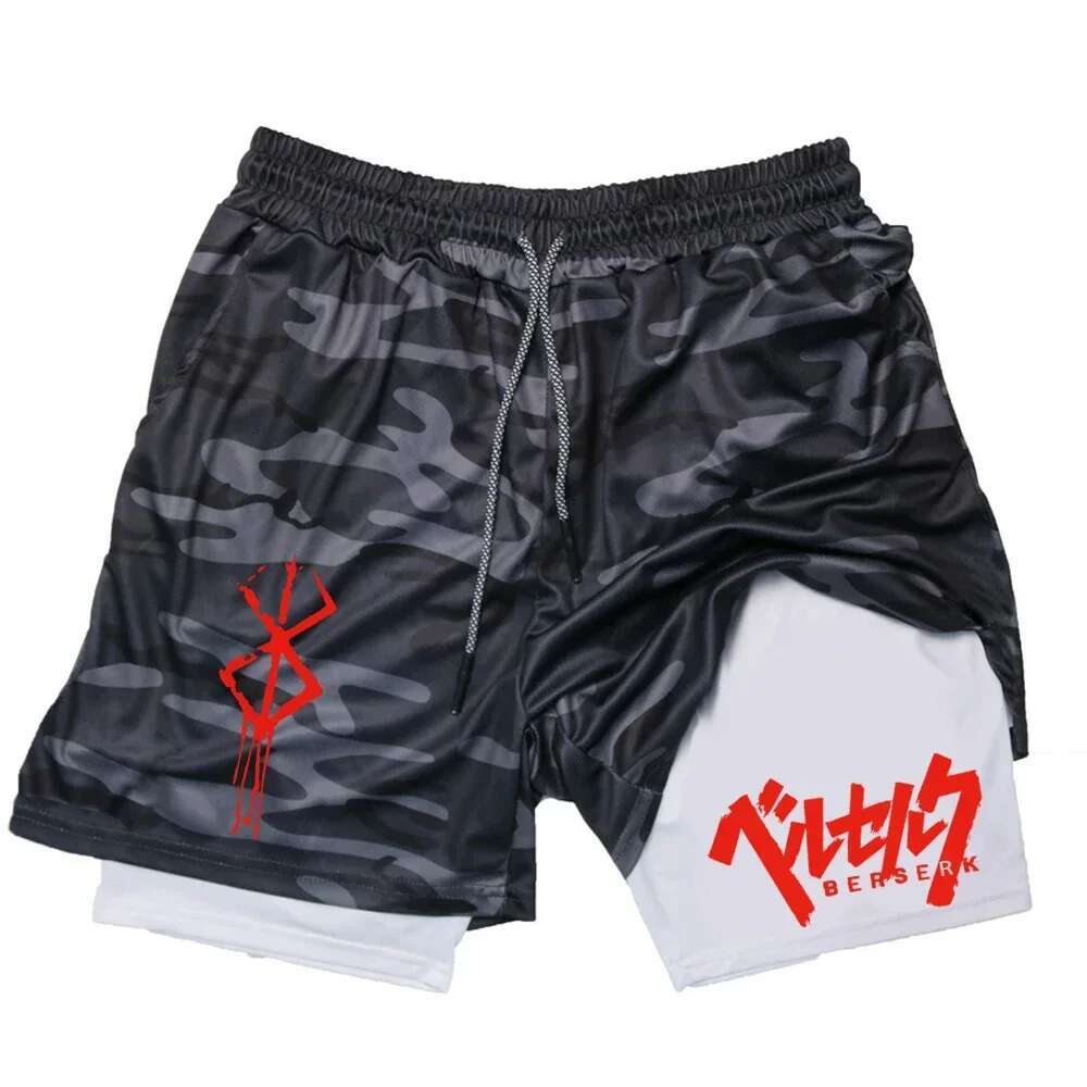Men's Quick Drying Compression 2 In 1 GYM Breathable Shorts Printed Sports Fiess Double Layer Workout Tight Short Pants
