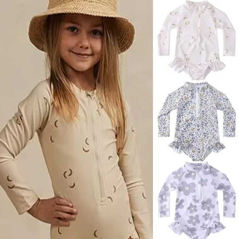 2024 Summer Baby Girls Swimsuit Long Sleeves One Piece Swimwear for Kids Toddler UPF50+ Rash Guards Infant Bathing SuitXJ250214