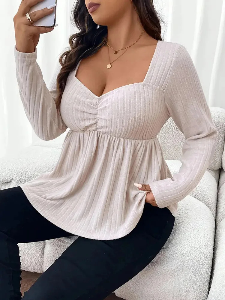 GIBSIE Plus Size Sweetheart Collar Solid Peplum Shirt Womens Spring Autumn Long Sleeve American Elegant Style Ultra Thin Short Top 250210
