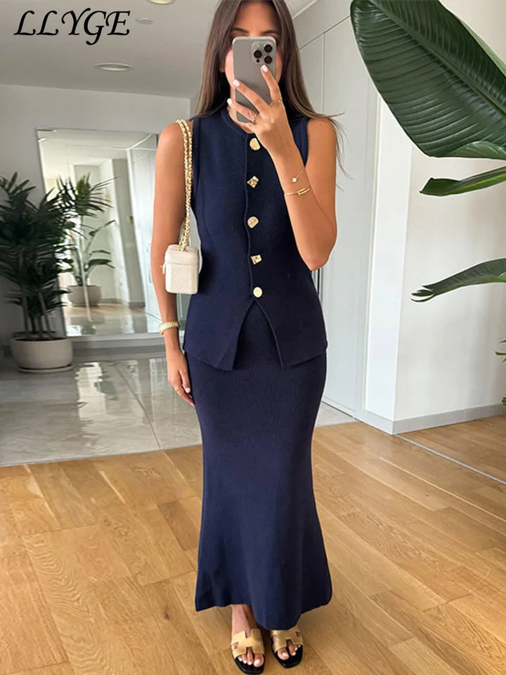 Elegant Knit Vest Skirts Sets Women Slim Oneck Single Breasted Vests Solid Hip Package Spring Lady Vacation Outfits 250214