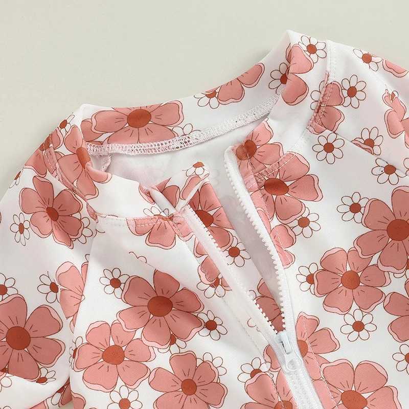Baby Girls Swimsuit Long Sleeve Flower Print Zipped Bikini with Hat Newborn Swimwear for Summer BathingXJ250214