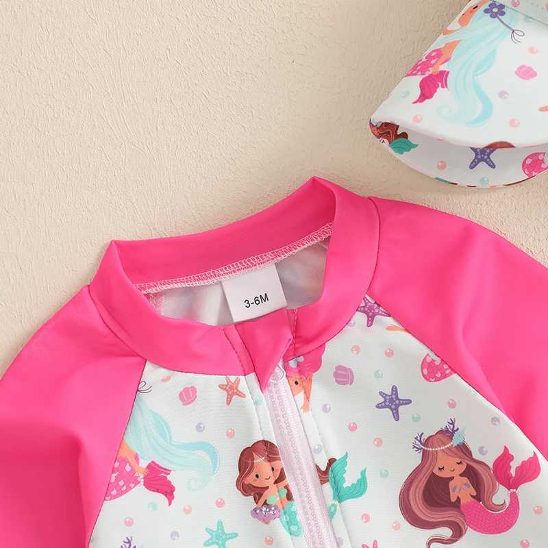 MISOWMNJOY Children Baby Girls Bathing Suit Summer New Rash Guard Swimsuit with Hat Shell Pattern Zip Up Long Sleeve SwimwearsXJ250214
