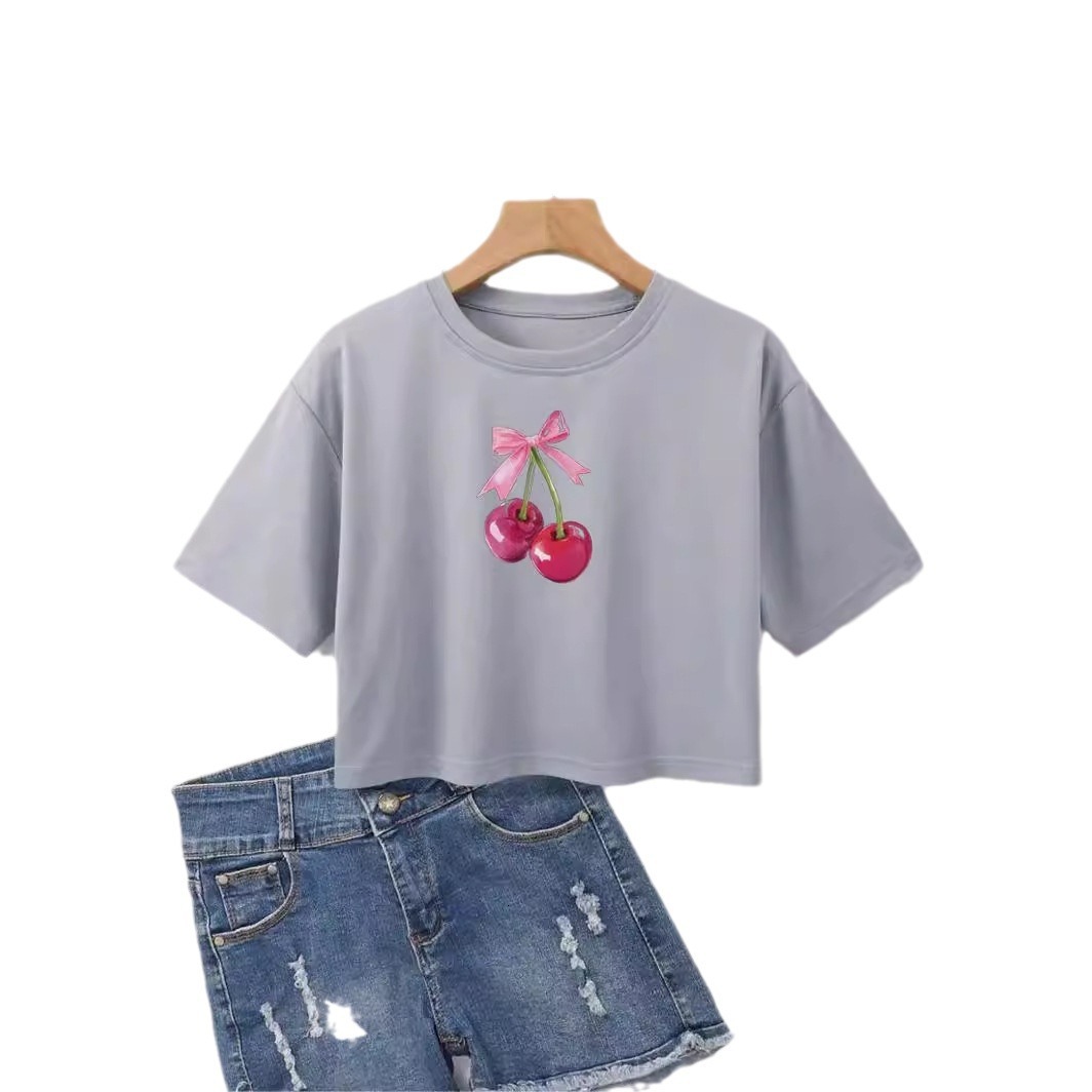 Designer 2025 New Y2k Women's Round Neck Cherry Print Spicy Girl's Short Sleeved T-shirt