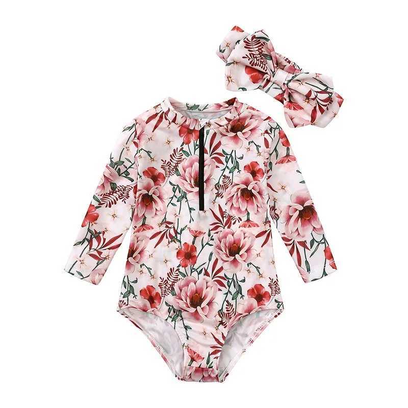 European Kids Swimsuit New Surfing Suit Floral Printed Baby Girls Swimwear Kids One Pieces Bathing Suit Monokini with HeadbandXJ250214