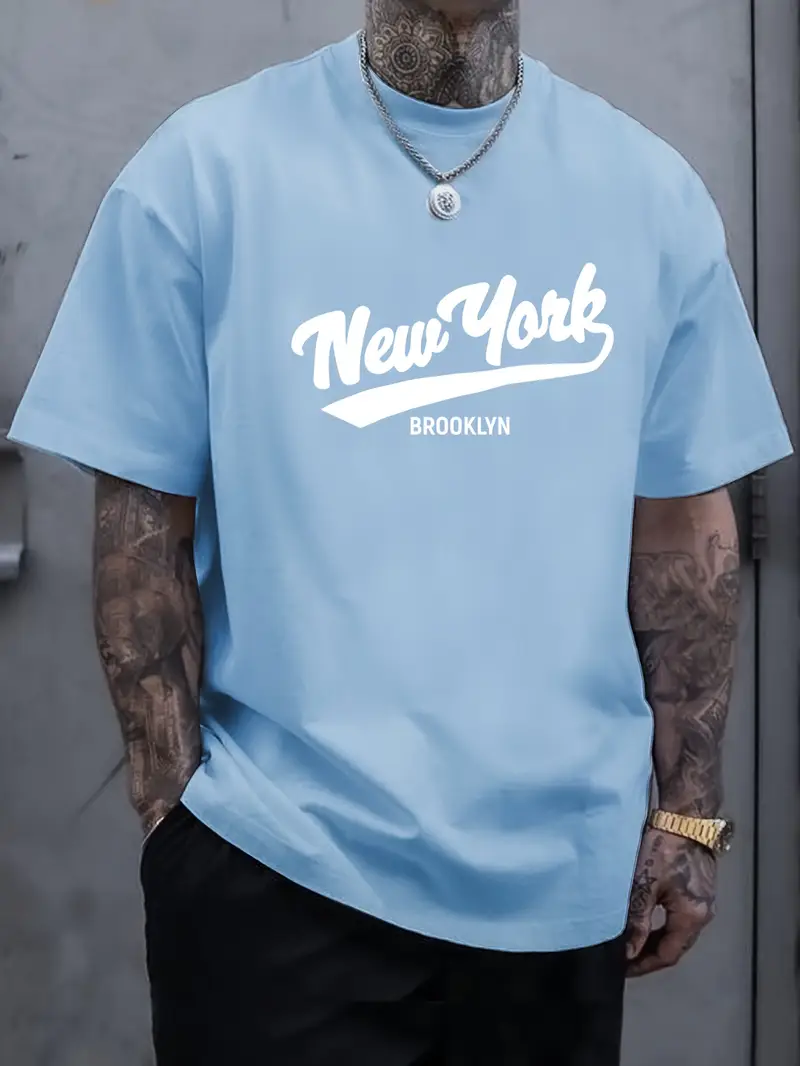 Print Men's Round Crew Neck Short Sleeve Tee, Fashion T-Shirt, Comfy Breathable Casual Sports Top For Spring Summer Holiday Leisure Vacation