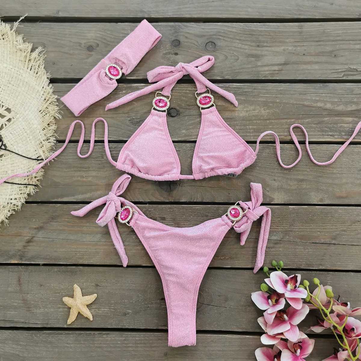 Sexy String Thong Bikinis Set Rhinestones Crystal Patchwork Swimsuit Band 3pcs Women Swimwear Gradient Bathing Suit X250214