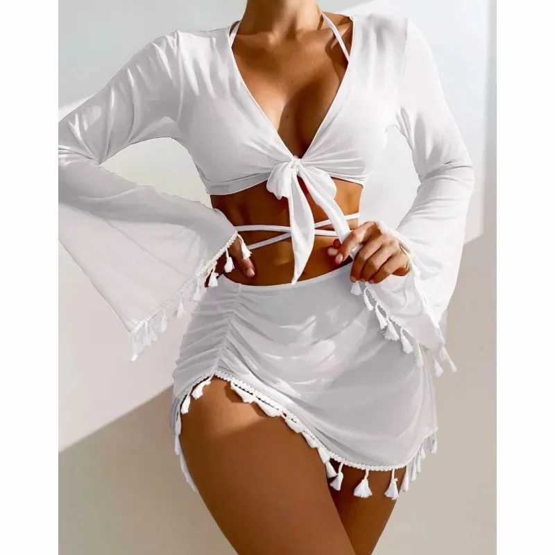 Swimming Suit Women Beach Wear Solid Beach Suit Tassel Cover Up Mesh Short Skirt Bikini Cute Swimming Pool Outfit Spring SummerW250214