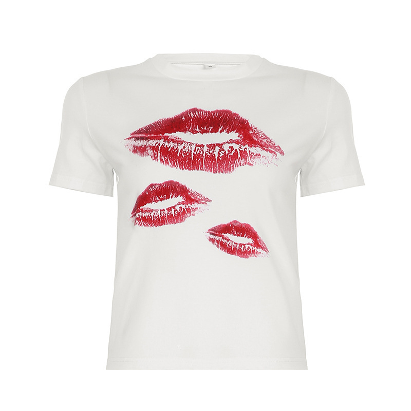 Designer 2025 New American Red Lip Printed Women's Sleeve T-shirt Basic Round Neck Slim Fit Bottom Short Top