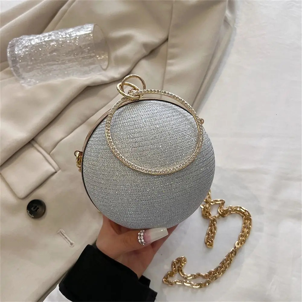 Gold Bright Silk Circular Evening Bag Women Banquet Clutch Decor Chain Shoulder Female Party Handbags y250213