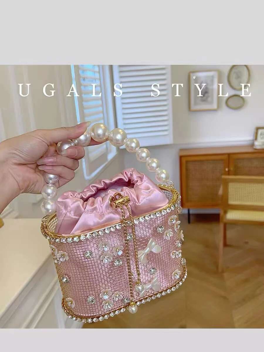 Pearl Beaded Women's Handbag Metal Cage Crystal Shiny Dias Evening Wedding Party Clutch Purse Shoulder Bag