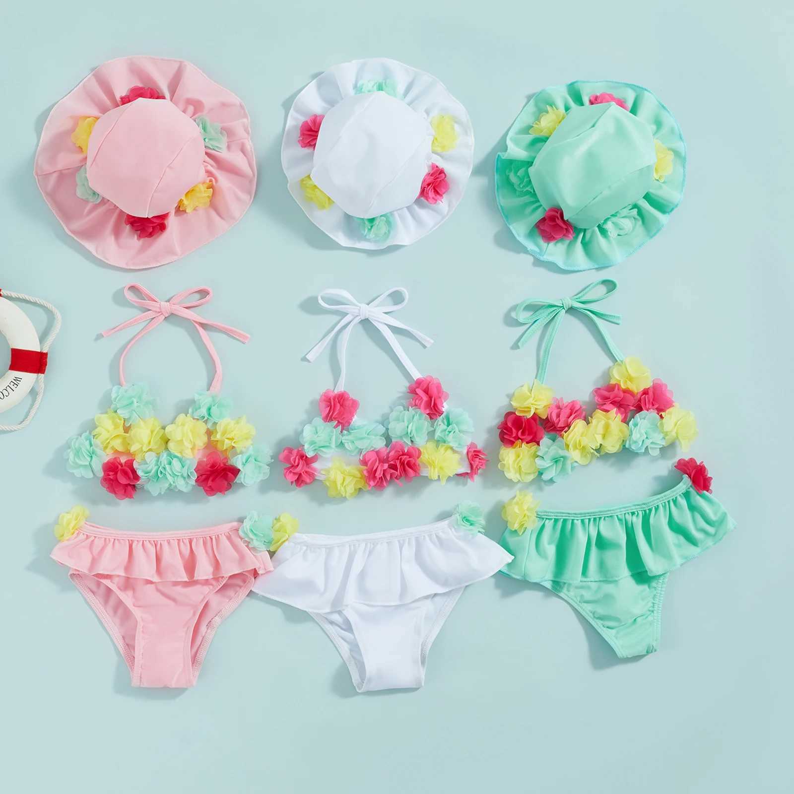 Citgeett Summer Infant Girls Swimsuits Flower Halter Neck Tops Ruffles Shorts Hat Bikini Split Swimwear Clothes SetXJ250214