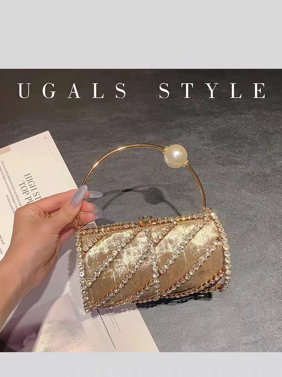 Hollow Out Metal Barrel-Shaped Veet Women Handbag Crystal Shiny Dias Evening Wedding Party Clutch Purse Crossbody Bag