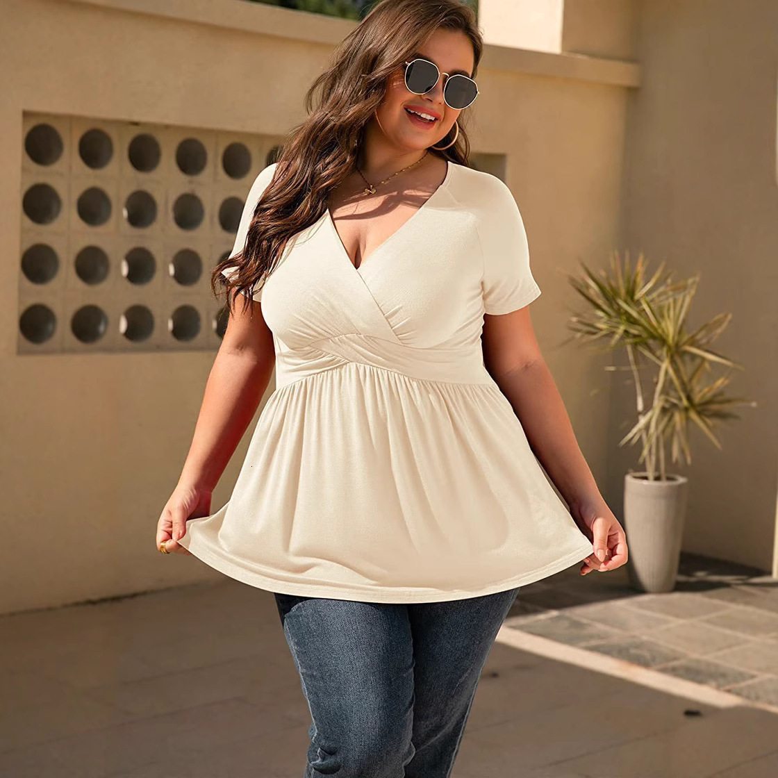 Designer Free Shipping Casual Fashion Versatile Trendy Top Spring/summer New Style Large T-shirt V-neck Top Women's Wear
