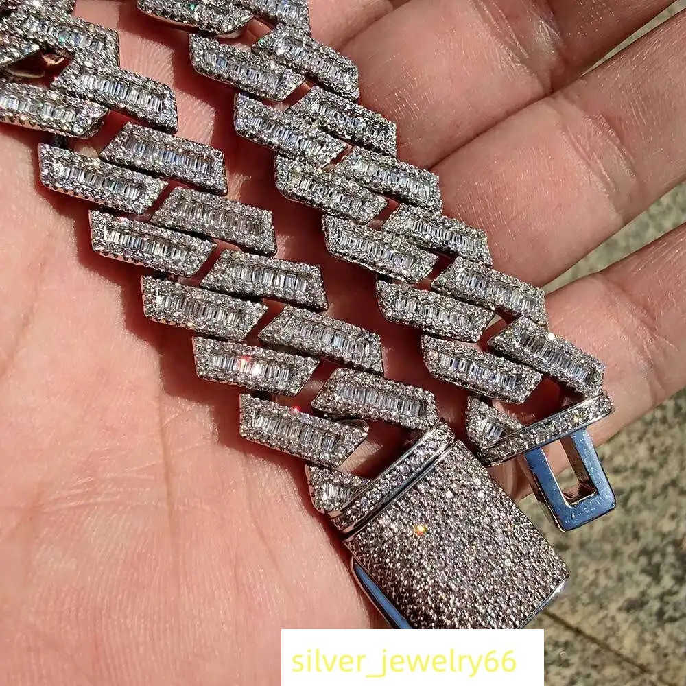 Sale 18mm Prong Setting Link Necklace Iced Out 925 Silver Baguette Moissanite Cuban Chains for Men