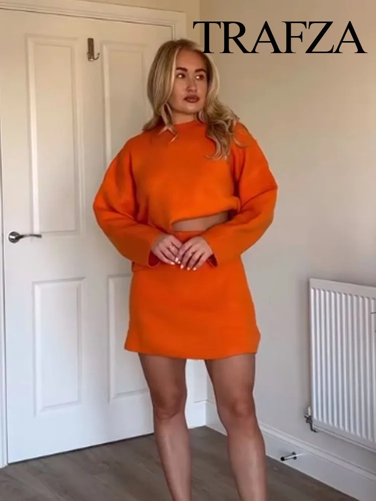 TRAFZA Women Fashion Skirt Suits Orange ONeck Long Sleeves PulloverElastic Waist Mini Skirts Female Spring Casual Knitting Set 250214