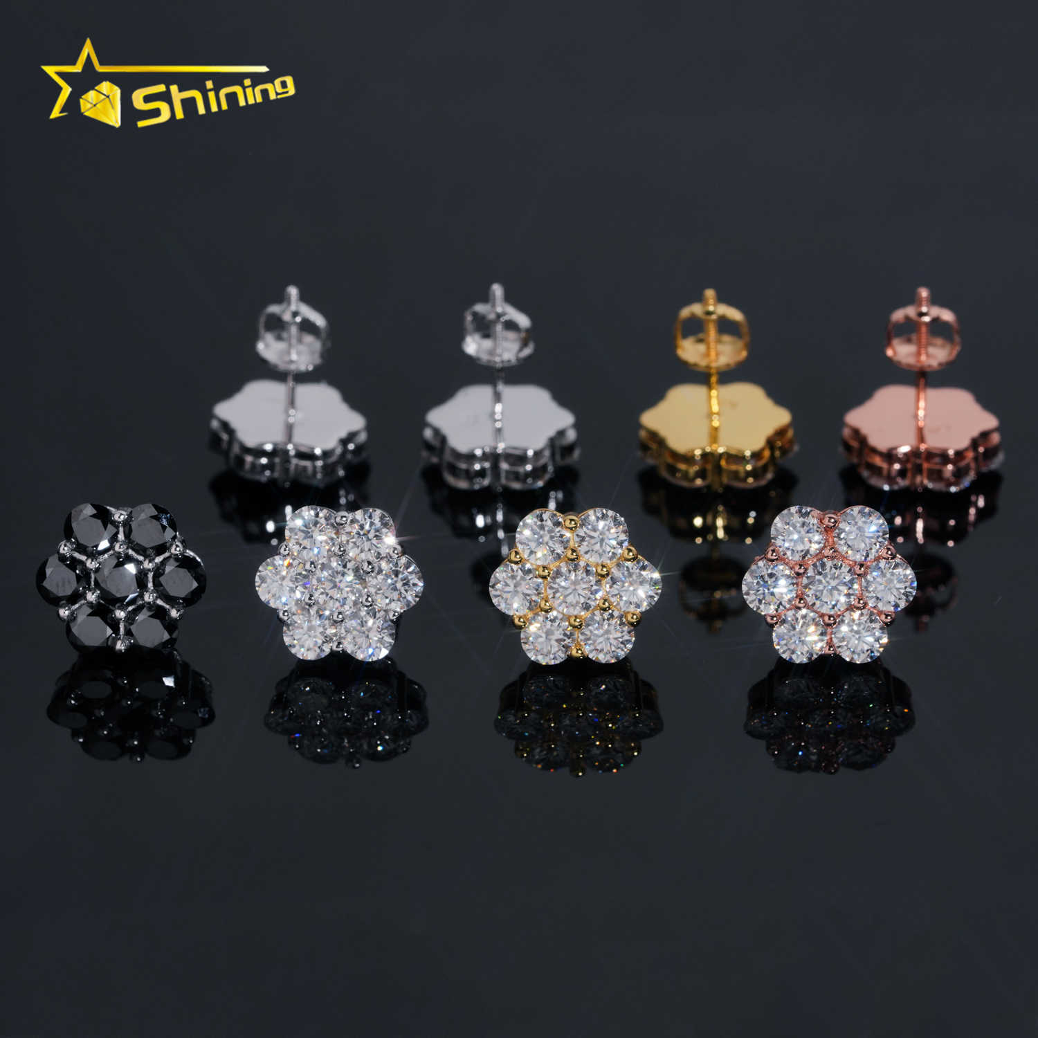 Hot Sale Trendy 12mm Cluster Flower Screw Back Stud Earrings 925 Silver Gold Plated Black Moissanite Pass Diamond Tester Earring