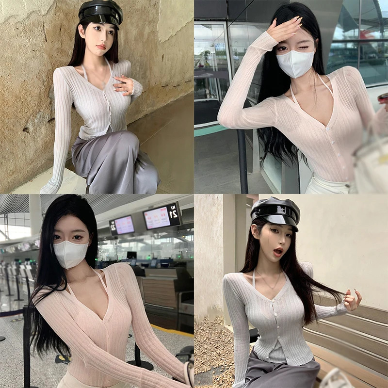 Spring Autumn Womens Knitted Top Casual Fashion Two Pieces Long Sleeves Solid Color 250211