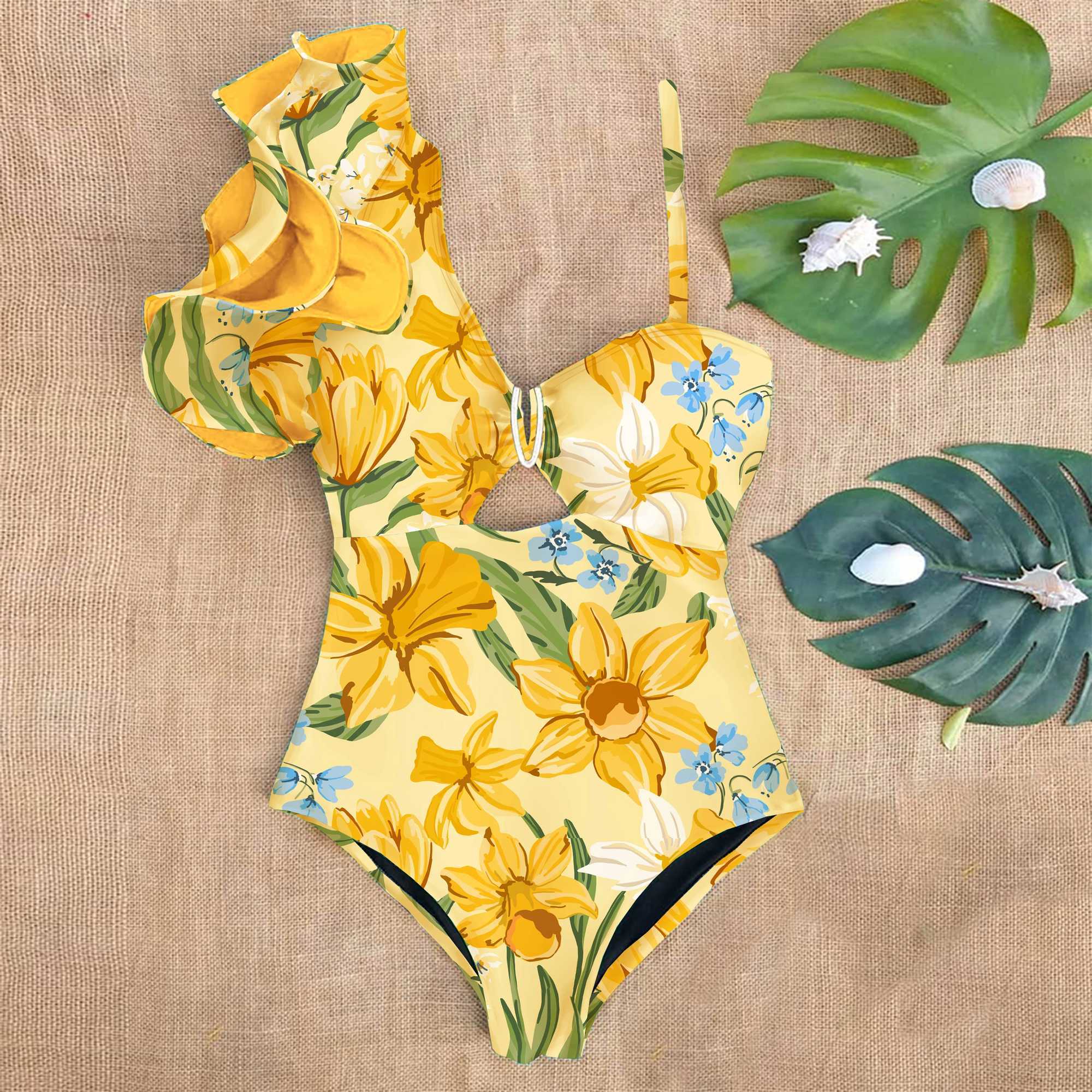 2025 New Arrival Ruffle Swimwear Single Shoulder One Piece Swimsuit Women Floral Printed Tropical Summer Beach Bathing SuitW250214