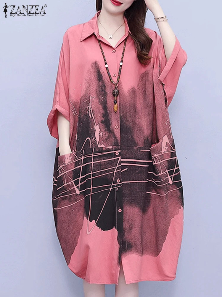 ZANZEA Vintage Ink Painting Shirt Dress Women Oversize Loose Casual 3/4 Sleeve Midi Dresses Trendy Rounded Hem Dresses 250213