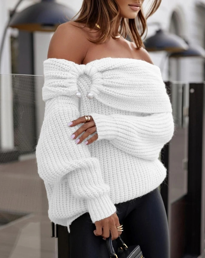Fashion sweaters woman yarn chompas for women Off Shoulder Ruched Over Sized Knit Sexy Sweater womens jumper 250210