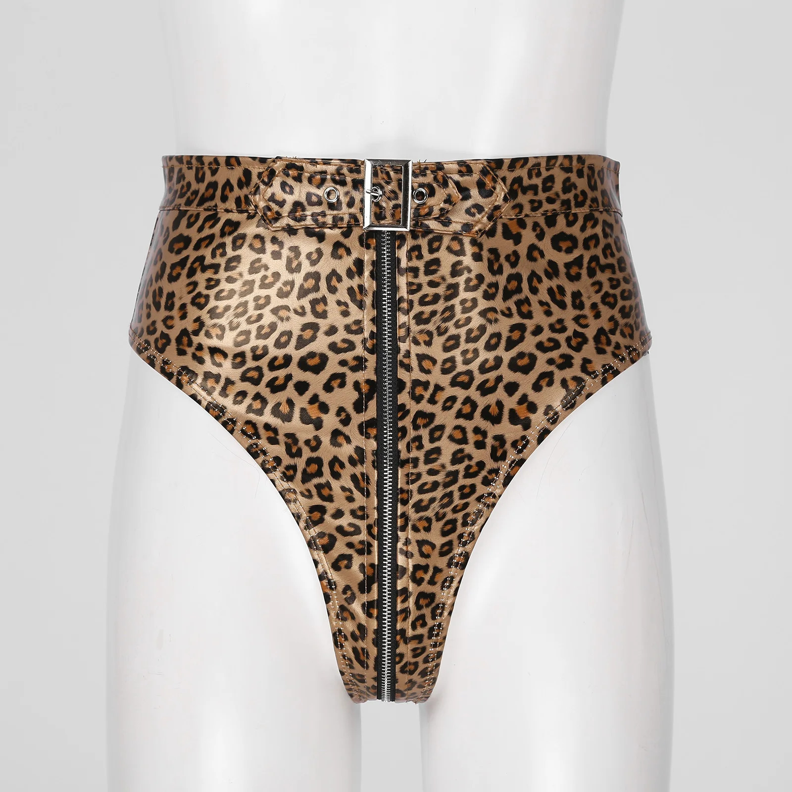 Womens PU Leather Leopard Sexy Clubwear High Cut Front Zip Up Booty Shorts Pants for Night Club Party Rave Knickers 250213