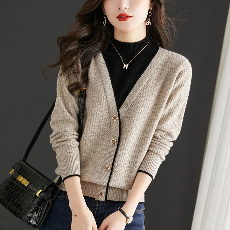 Autumn Winter Two Pieces Patchwork Knitted Sweater Ladies Loose Casual Allmatch Pullover Tops Women Jumpers Female Clothes 250211