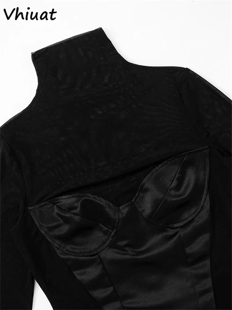 Vhiuat Sexy Cut Out Mesh Patchwork Turtleneck Long Sleeve Wrap Short Dress Party Evening Elegant Party Birthday Mini Dress 250213