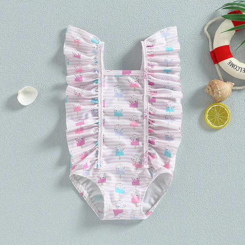 Sweet Swimsuit Toddler Baby Girls Cute Ice Bodysuit /Strberry Print Ruffles Sleeveless Swimwear Bathing SuitXJ250214