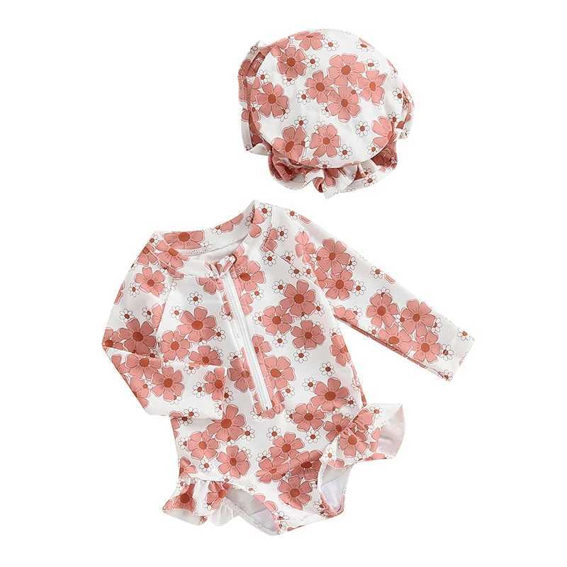 Baby Girls Swimsuit Long Sleeve Flower Print Zipped Bikini with Hat Newborn Swimwear for Summer BathingXJ250214