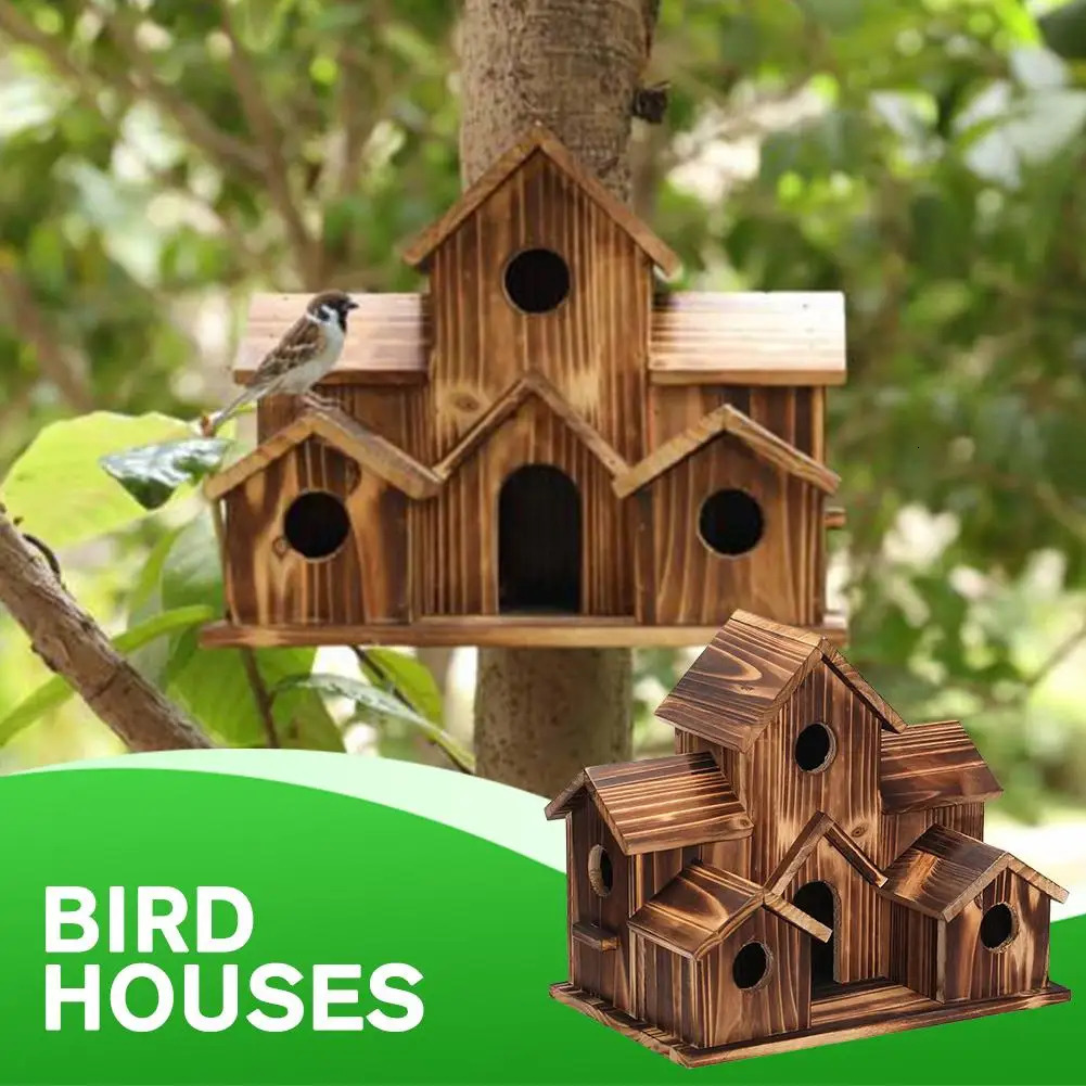 5 Hole Bird Houses Outdoor for 5 Bird Families Bluebird Finch Natural Wood Hanging Birdhouse Garden Decoration I9P1 250206