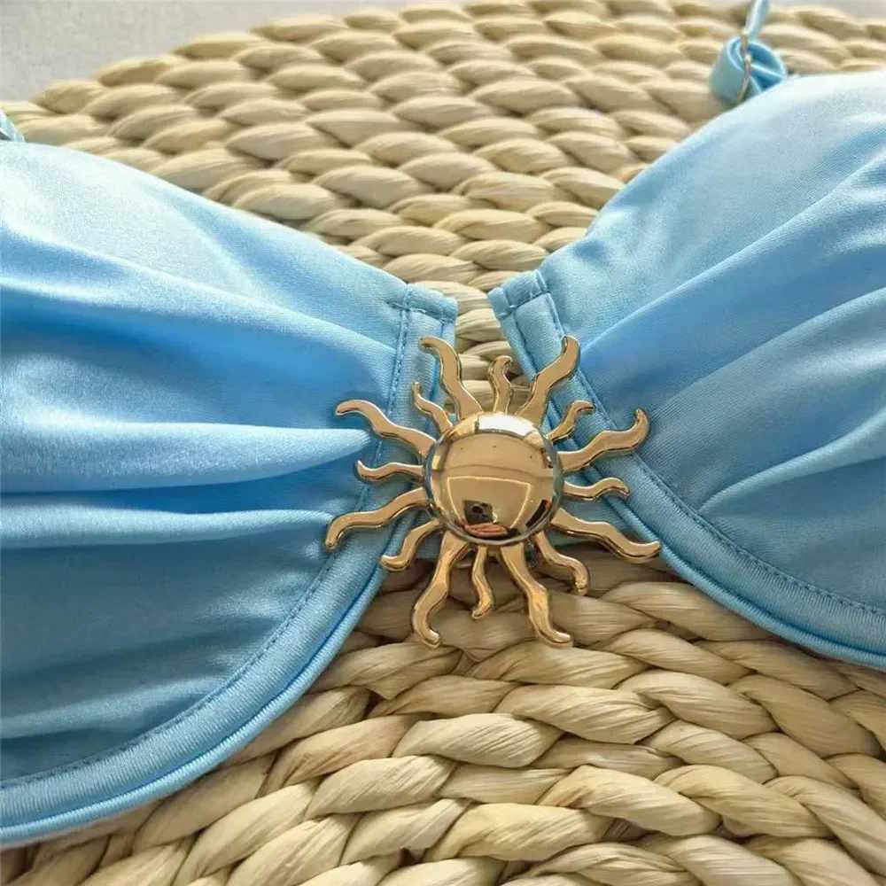 Light Blue Micro Bikini Thong Pushup Sexy Swimsuit Cover Ups Women Sun Metal Buckle Swimwear Bathing Suit Bikinis Sets 2025 NewW250214