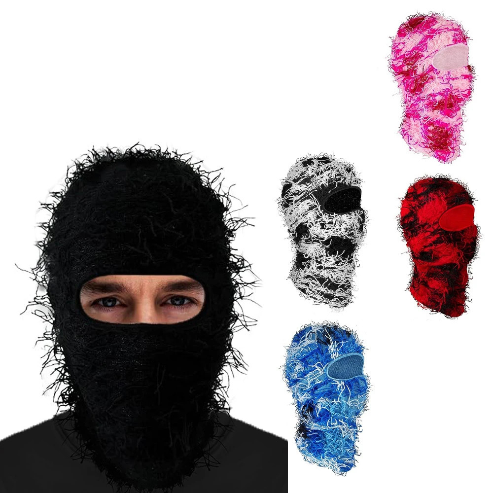 1pcs Balaclava Distressed Knitted Full Face Ski Mask For Men Women Beanies Hats Camouflage Winter Warm Windproof Hats Black Red 250214
