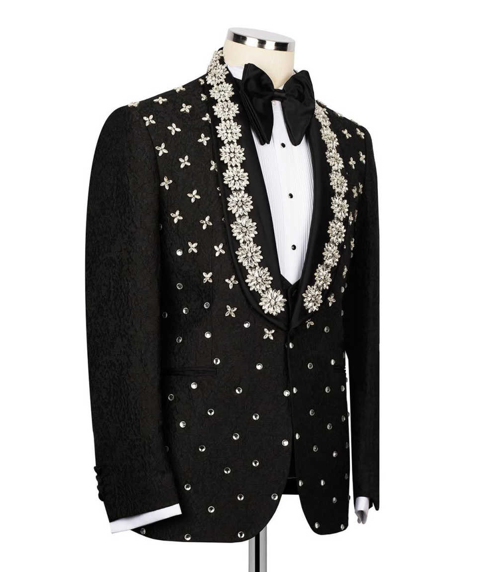 Noble Wedding Tuxedos Rhinestone Beaded Men Suits Shawl Lapel 3 Piece Set Jacket Vest Pants Handsome Groom Blazers Customized