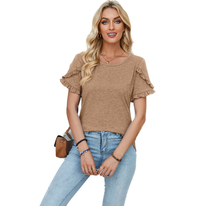 Designer 2025 Spring/summer New Round Neck Petal Sleeve Splicing Solid Color T-shirt Loose Top
