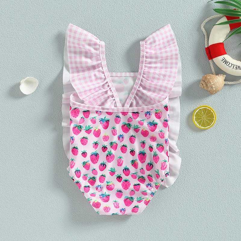 Sweet Swimsuit Toddler Baby Girls Cute Ice Bodysuit /Strberry Print Ruffles Sleeveless Swimwear Bathing SuitXJ250214