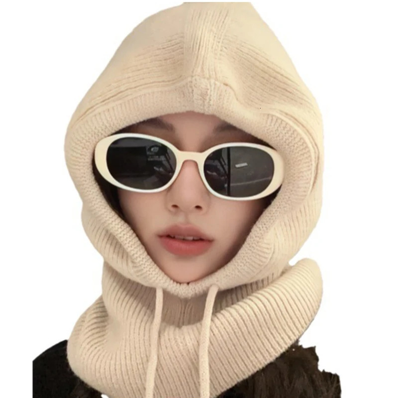Knitted hooded winter Balaclava hat womens outdoor warm brushed hat one-piece collar bear hat 250214
