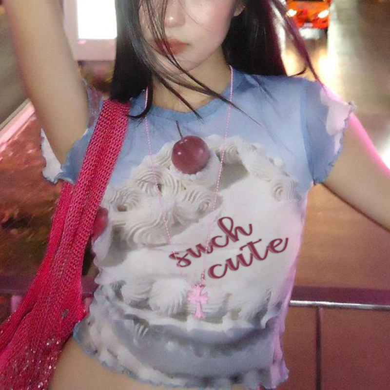 Designer Sweet Style Round Neck Sleeves Wrapped In Cherry Cake Blue T-shirt Instagram Fashion Summer Ear Edge Exposed Umbilical Hot Girl Top
