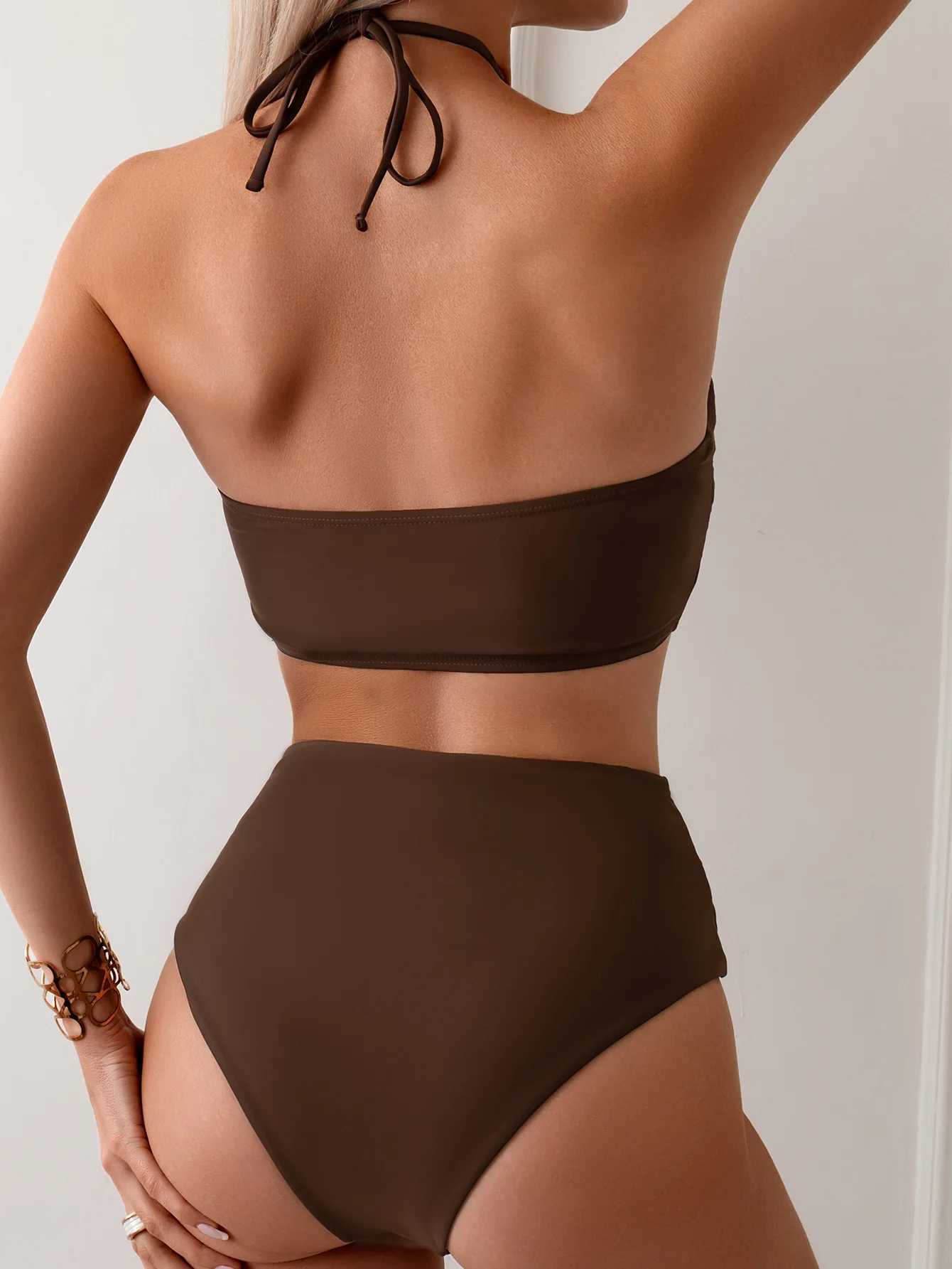 Sexy Halter Pleate Bikini Set 2024 Women Coffee Push Up Crop Top with High Waist Swimsuit Summer Holiday Bathing Suit SwimwearW250214