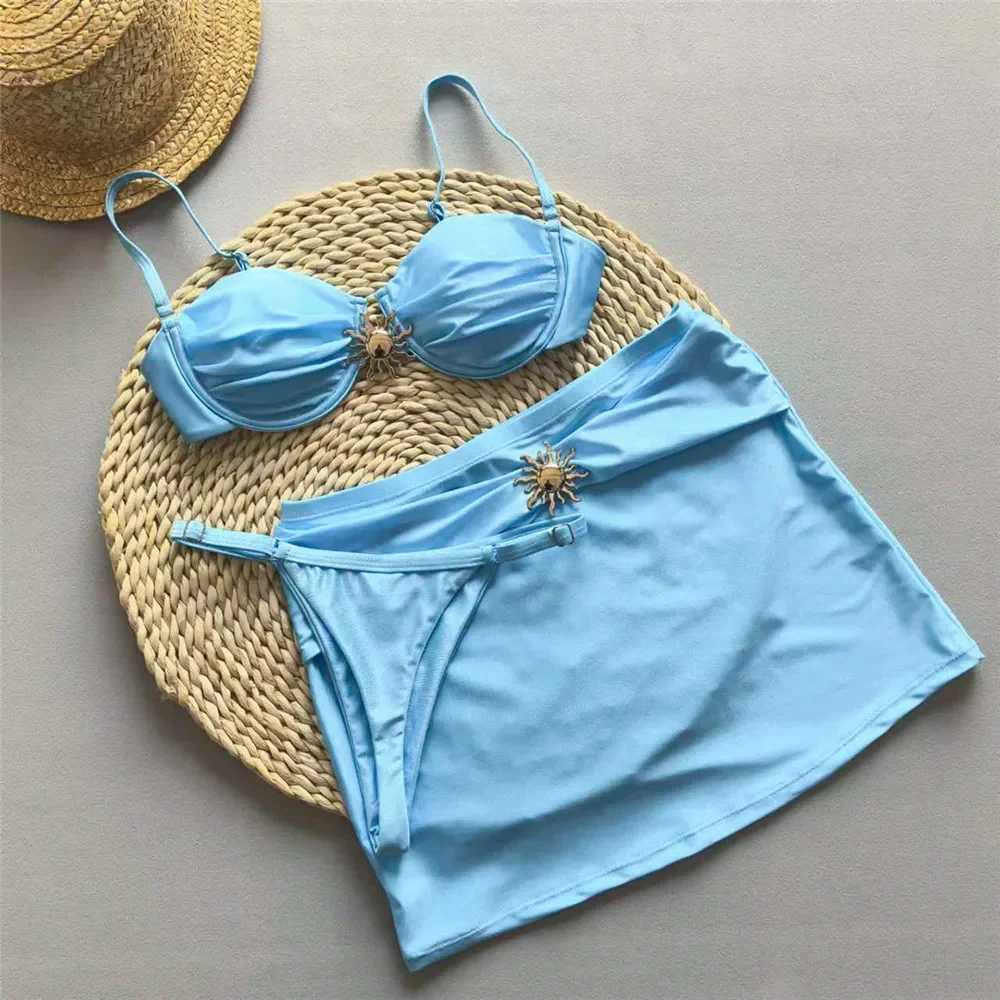 Light Blue Micro Bikini Thong Pushup Sexy Swimsuit Cover Ups Women Sun Metal Buckle Swimwear Bathing Suit Bikinis Sets 2025 NewW250214